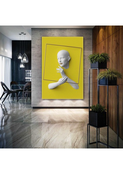 Kabartma Efektli Altın Kare Çerçeve Sarı Fon Dekoratif Kanvas Tablo