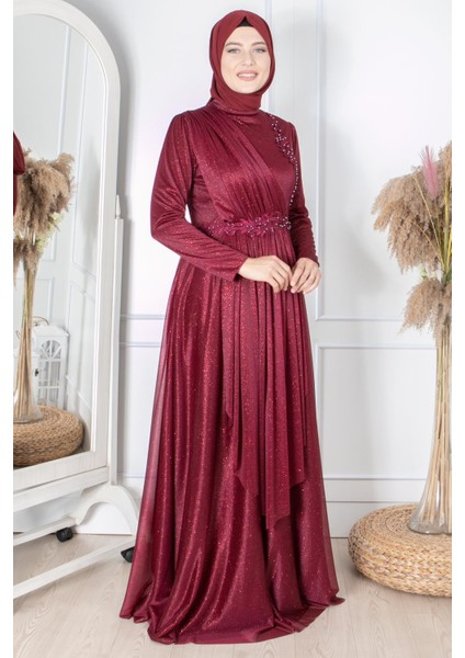 Güpür Detaylı Simli Abiye Mürdüm FHM862