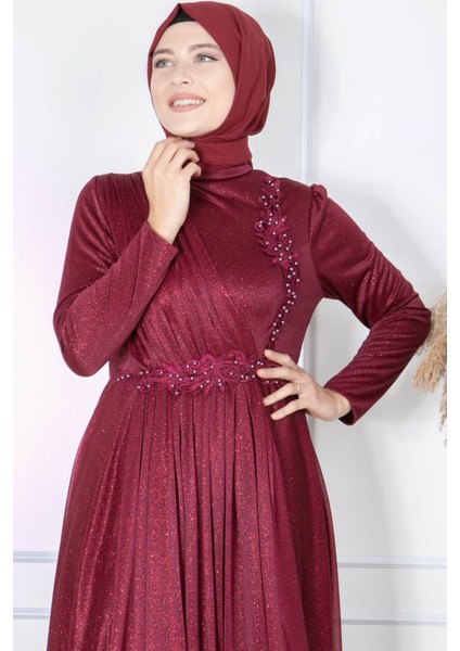 Güpür Detaylı Simli Abiye Mürdüm FHM862
