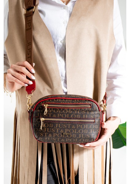 Kahverengi Kırmızı Monogram Baskılı Mini Boy 3 Bölmeli Kadın Çapraz Omuz Çantası 23X16CM MDS2101