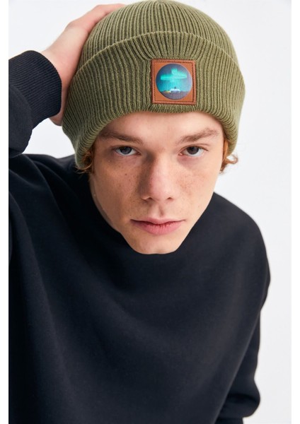 Unisex Haki Kuzey Işıkları Deriye Baskılı Fitilli Bere