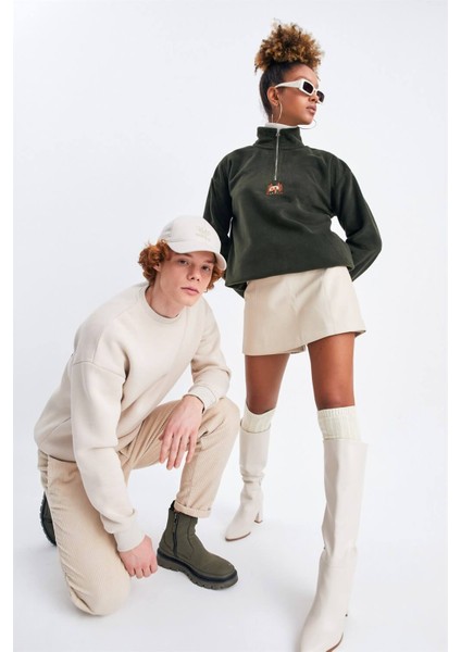 Unisex Haki Karavan Nakışlı Dik Yaka Yarım Fermuarlı Oversize Polar indirimleri