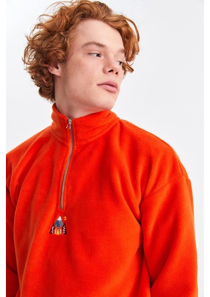 Unisex Turuncu Alaska Nakışlı Dik Yaka Yarım Fermuarlı Oversize Polar modelleri