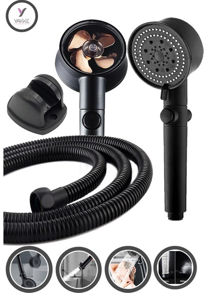 Turbo Pervaneli 5 Fonksiyonlu Duş Başlığı Duş Hortumu 150 cm ve Mafsal Set (Siyah)