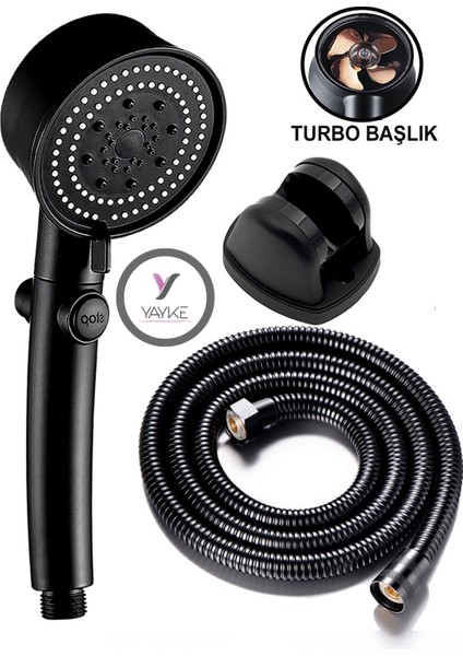 Turbo Pervaneli 5 Fonksiyonlu Duş Başlığı Duş Hortumu 150 cm ve Mafsal Set (Siyah) fiyatları