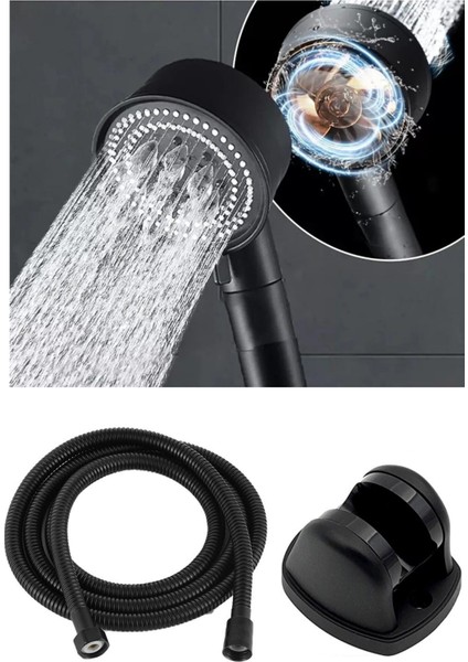 Turbo Pervaneli 5 Fonksiyonlu Duş Başlığı Duş Hortumu 150 cm ve Mafsal Set (Siyah) modelleri