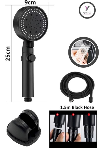 Turbo Pervaneli 5 Fonksiyonlu Duş Başlığı Duş Hortumu 150 cm ve Mafsal Set (Siyah) fırsatları