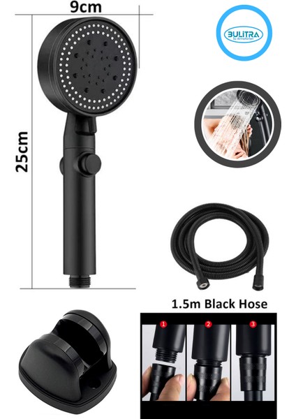 Turbo Pervaneli 5 Fonksiyonlu Duş Başlığı Duş Hortumu 150 cm ve Mafsal Set (Siyah) indirimleri