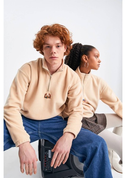 Unisex Bej Karavan Nakışlı Dik Yaka Yarım Fermuarlı Oversize Polar