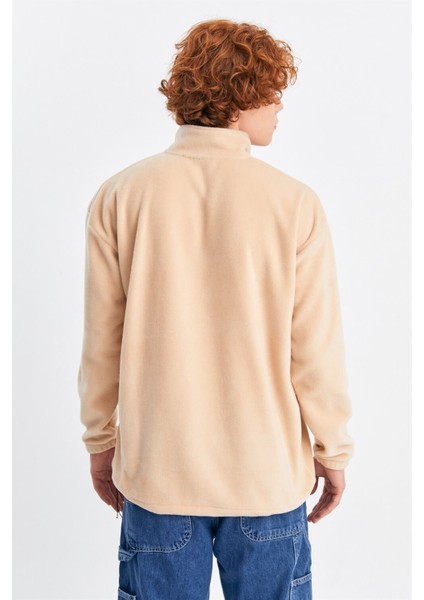 Unisex Bej Karavan Nakışlı Dik Yaka Yarım Fermuarlı Oversize Polar