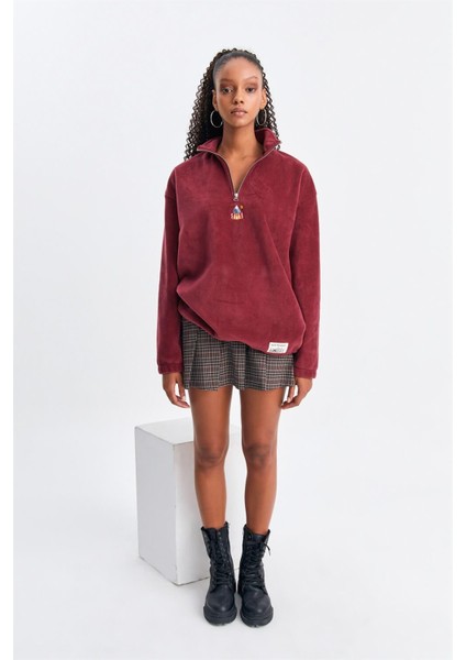Unisex Vişne Çürüğü Alaska Nakışlı Dik Yaka Yarım Fermuarlı Oversize Polar modelleri