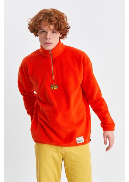 Unisex Turuncu Kütük Ev Nakışlı Dik Yaka Yarım Fermuarlı Oversize Polar