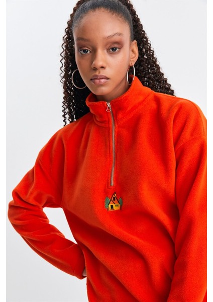 Unisex Turuncu Kütük Ev Nakışlı Dik Yaka Yarım Fermuarlı Oversize Polar fırsatları