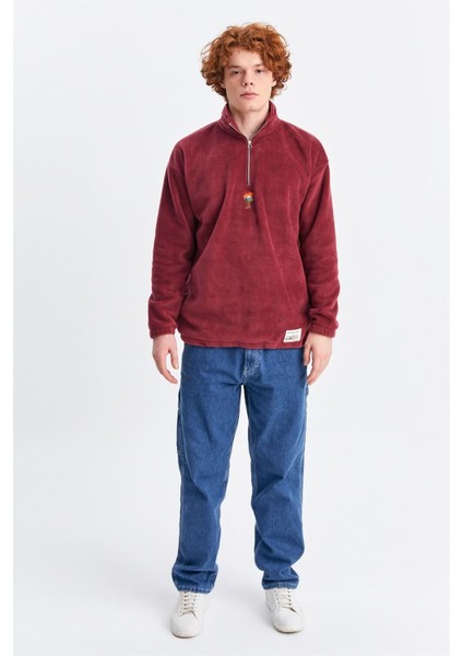 Unisex Vişne Çürüğü Keep On The Road Nakışlı Dik Yaka Yarım Fermuarlı Oversize Polar