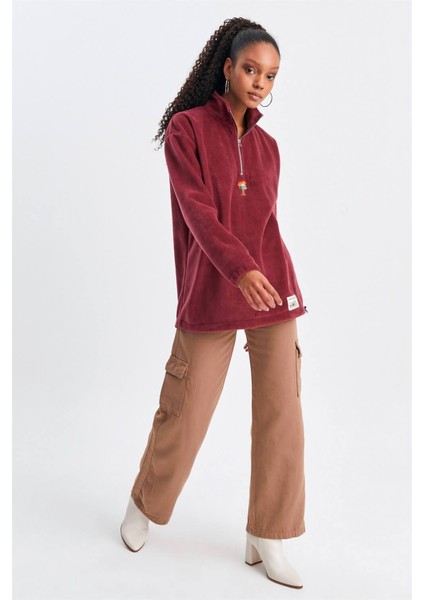 Unisex Vişne Çürüğü Keep On The Road Nakışlı Dik Yaka Yarım Fermuarlı Oversize Polar fiyatları