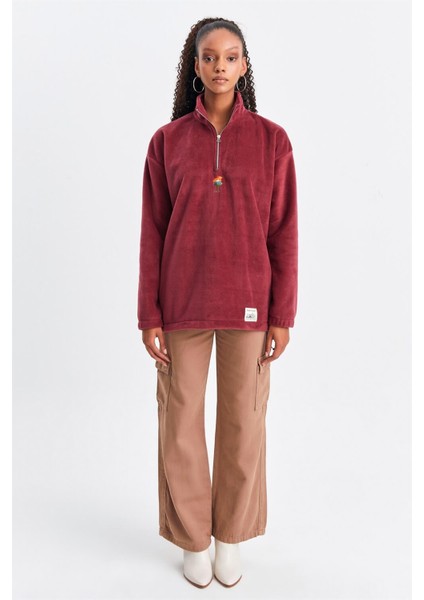 Unisex Vişne Çürüğü Keep On The Road Nakışlı Dik Yaka Yarım Fermuarlı Oversize Polar modelleri