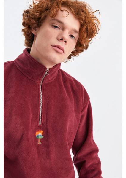 Unisex Vişne Çürüğü Keep On The Road Nakışlı Dik Yaka Yarım Fermuarlı Oversize Polar fırsatları
