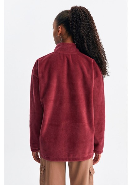 Unisex Vişne Çürüğü Keep On The Road Nakışlı Dik Yaka Yarım Fermuarlı Oversize Polar indirimleri