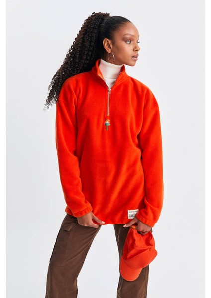 Unisex Turuncu Keep On The Road Nakışlı Dik Yaka Yarım Fermuarlı Oversize Polar fırsatları