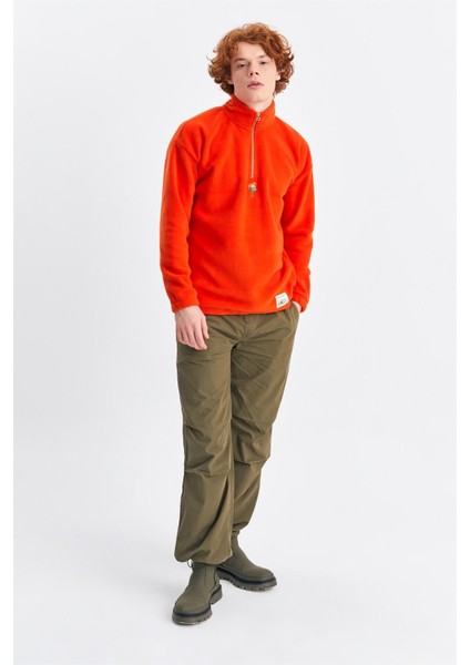Unisex Turuncu Keep On The Road Nakışlı Dik Yaka Yarım Fermuarlı Oversize Polar indirimleri