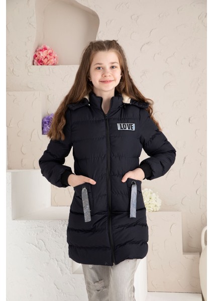 Love Baskılı Içi Yünlü Kız Çocuk Mont