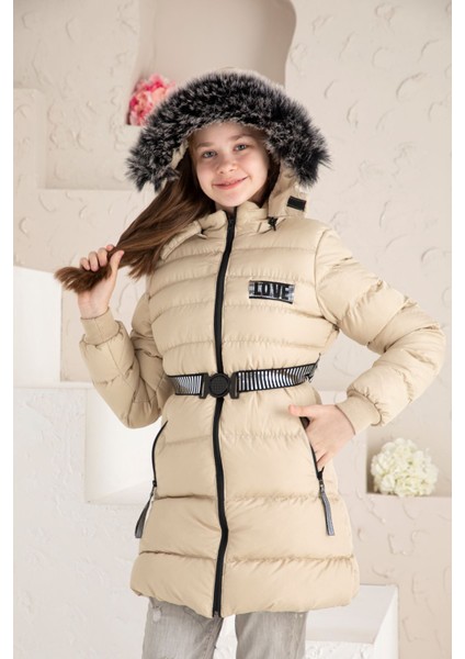 Beli Kemerli Içi Yünlü Kız Çocuk Mont