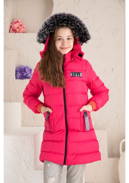 Love Baskılı Içi Yünlü Kız Çocuk Mont