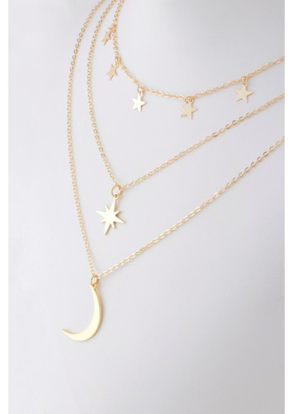 Altın Renk Kutup Yıldızı ve Hilal Figürlü Çok Katmanlı Kombin Kolye - 446 fiyatları