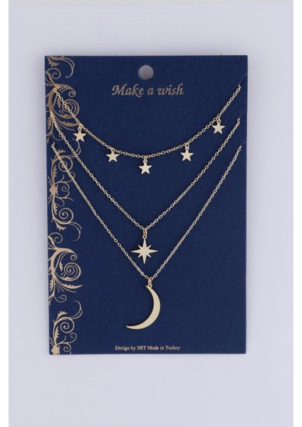 Altın Renk Kutup Yıldızı ve Hilal Figürlü Çok Katmanlı Kombin Kolye - 446 fırsatları