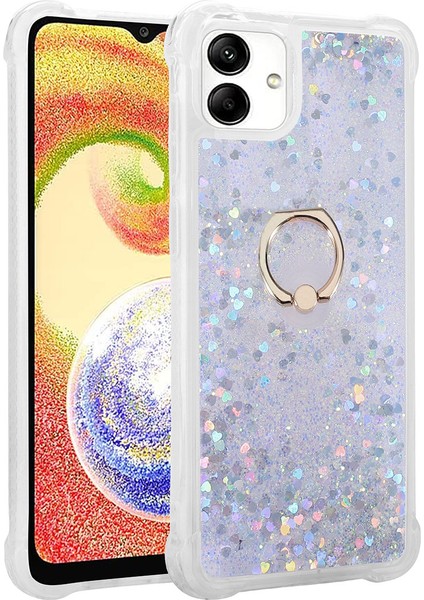 Samsung Galaxy A04 Kılıf Simli Sıvılı Kalpli Yüzüklü Milce Kapak