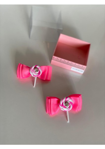 Neon Pembe 2' Li Mini Lolipop Süslü Kız Çocuk Bebek Doğum Günü Hediye Pensli Toka