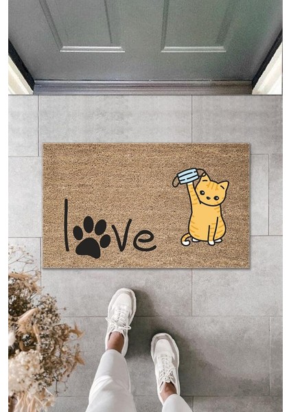 Dijital Baskı Kahverengi Patili Love Yazılı Maskeli Kedi Dekoratif Kapı Paspası K-2010