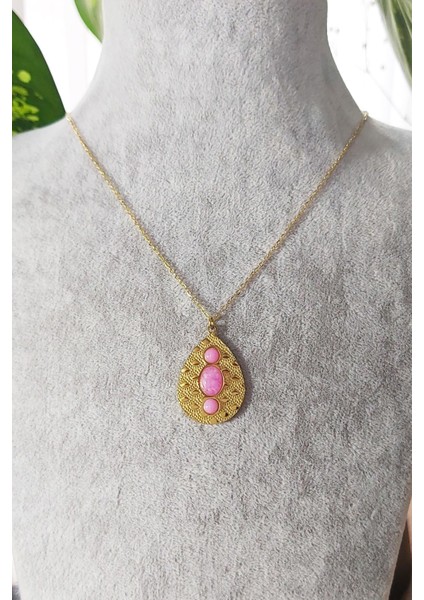 Altın Kaplama Pembe Kuvars Taşlı Kararmaz Vintage Çelik Kolye 45 cm fırsatları