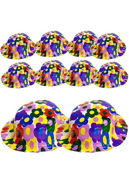 Hawaii Flower Çiçek Desenli Yuvarlak Plastik Parti Şapkası Yetişkin 10 Adet