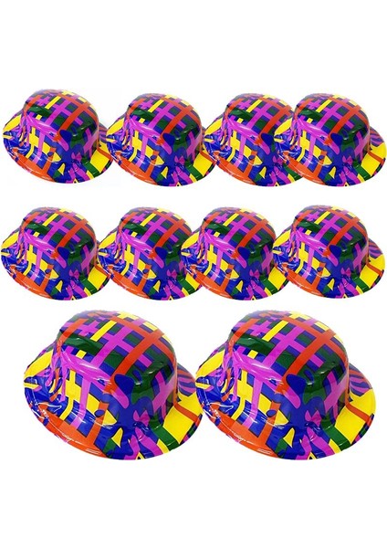 Retro Desenli Yuvarlak Plastik Parti Şapkası Yetişkin 10 Adet