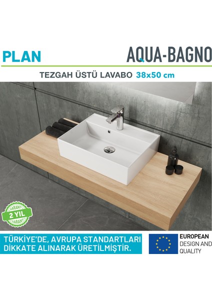 Aqua Bagno Plan Tezgah Üstü Kare Çanak  Lavabo , 50 x 38 Cm.  Beyaz