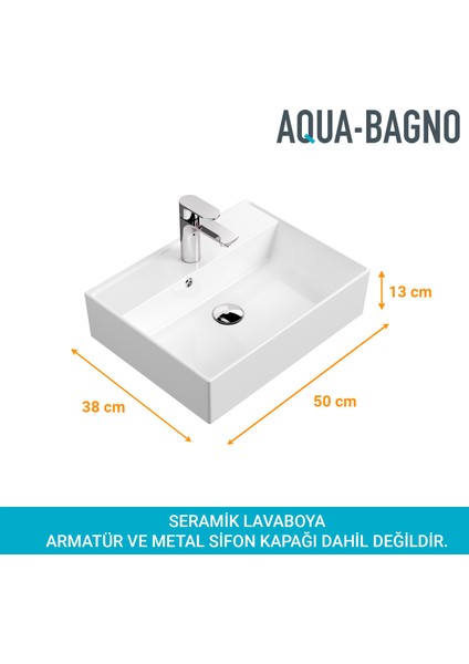 Aqua Bagno Plan Tezgah Üstü Kare Çanak  Lavabo , 50 x 38 Cm.  Beyaz