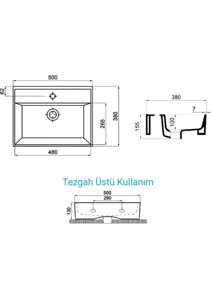 Aqua Bagno Plan Tezgah Üstü Kare Çanak  Lavabo , 50 x 38 Cm.  Beyaz