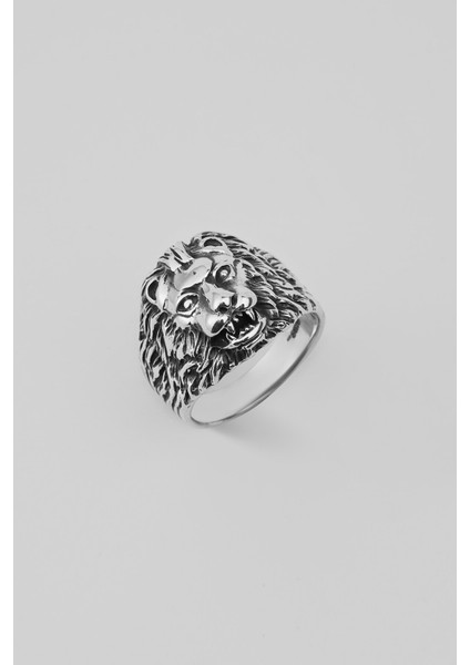 Kükreyen Aslan Figürlü Gümüş Erkek Yüzük