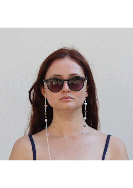 Yengeç Burcu Doğal Taşlı Gözlük Zinciri Kalsedon-Kaplangözü-Labradorit-Ametist-Pembekuvars