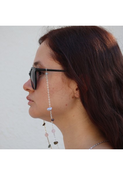 Yengeç Burcu Doğal Taşlı Gözlük Zinciri Kalsedon-Kaplangözü-Labradorit-Ametist-Pembekuvars