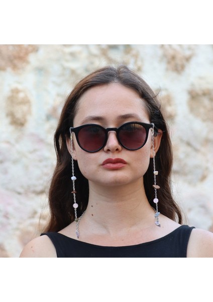 Yengeç Burcu Doğal Taşlı Gözlük Zinciri Kalsedon-Kaplangözü-Labradorit-Ametist-Pembekuvars