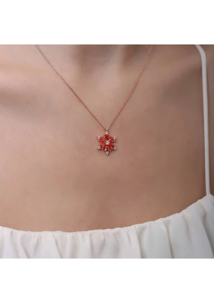 Zanaat Silver Gümüş Zincirli Garnet Taşli Rose Kaplama Lotus Kamelya Çiçeği Kolye