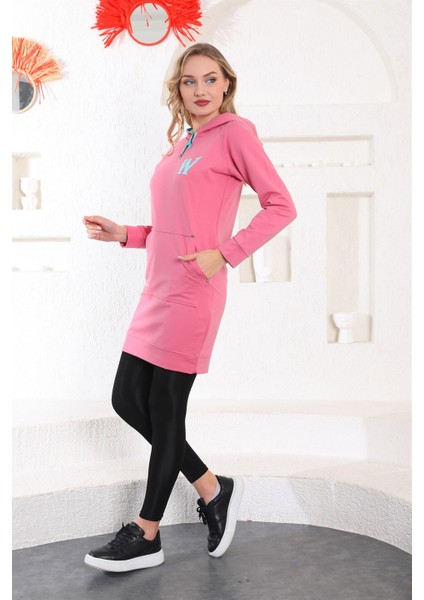 Kapüşonlu Spor Mini Tunik Elbise - Somon modelleri