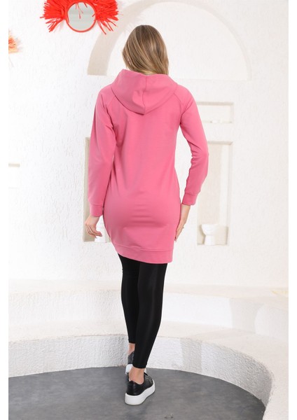 Kapüşonlu Spor Mini Tunik Elbise - Somon fırsatları