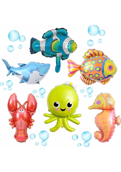 Okyanus Tema Folyo Balob Deniz Canlıları Folyo Balon Seti 6'lı Küçük Boy Köpek Balığı Balon Ahtapot Balon Denizatı Balon Balık Balon Istakoz Balon