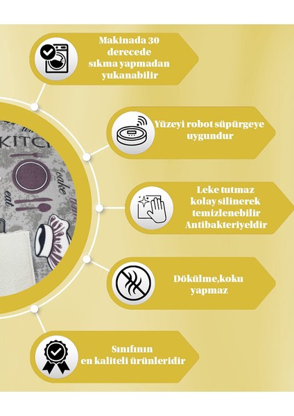 Babil Home Antialerjik Makinede Yıkanabilir Kaymaz Tabanlı Mutfak Halısı Gri