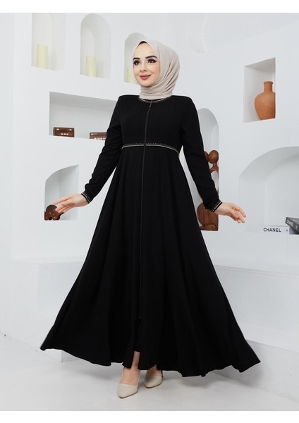 Yazlık Mevlana Model Kol ve Beli Desenli Kloş Ferace Pardesü