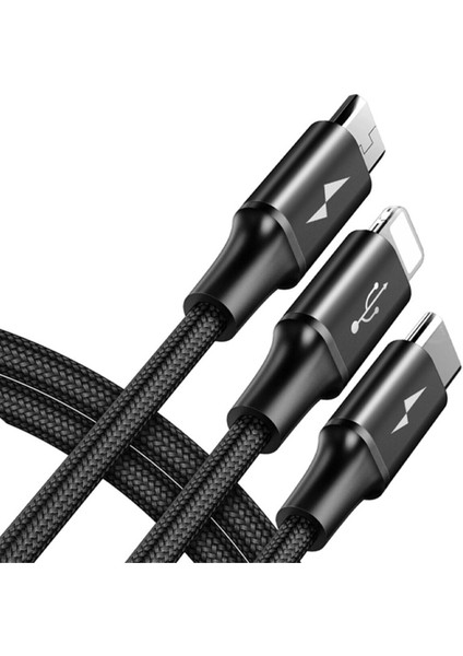 Rapid Series 3 In 1 Type-C + Lightning + Micro USB Kablo Hızlı Şarj Kablosu