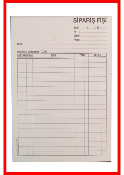 Sipariş Fişi 14X20 cm Boyutunda 2/50 Otokopili 1 Asıl 1 Suret 2 Nüsha 12'li Paket (1 Dz.) 12 Adet